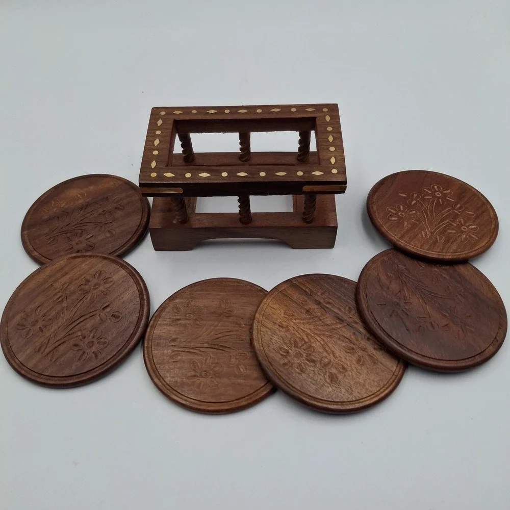 Kapasi Handcrafted Wooden Coaster Set of‎ 6 & Holder Carved Flower Brass Inlay